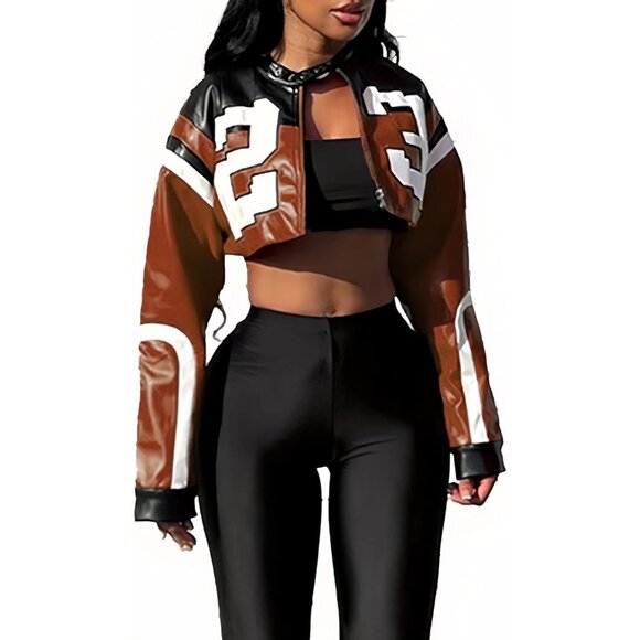 Womens Brown VOIKERDR Faux Leather Cropped Motorcycle Bomber Y2K Street Jacket - Picture 1 of 6